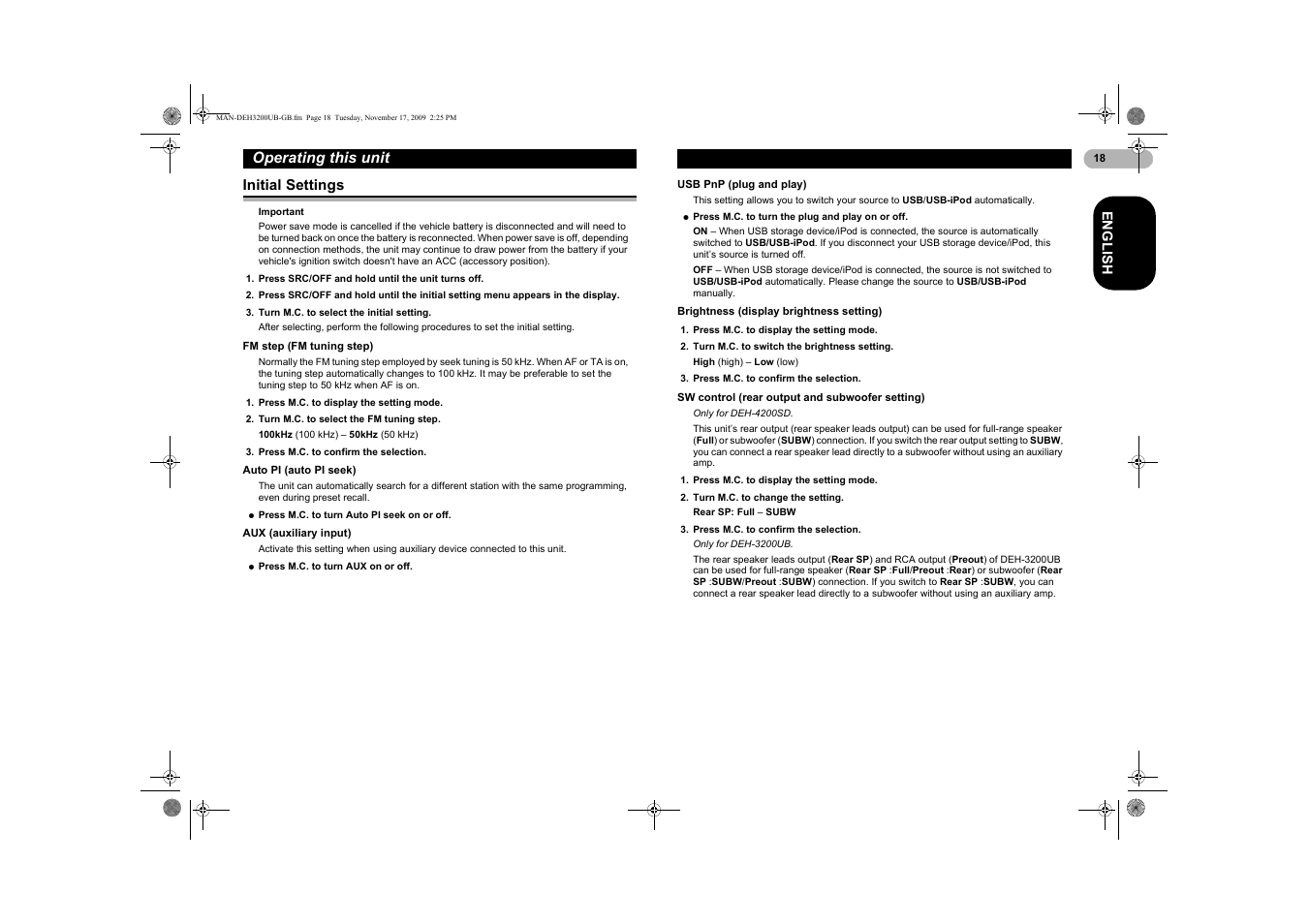 Initial settings, Auto pi (auto pi seek)” o | Pioneer DEH-3200UB User Manual | Page 18 / 28