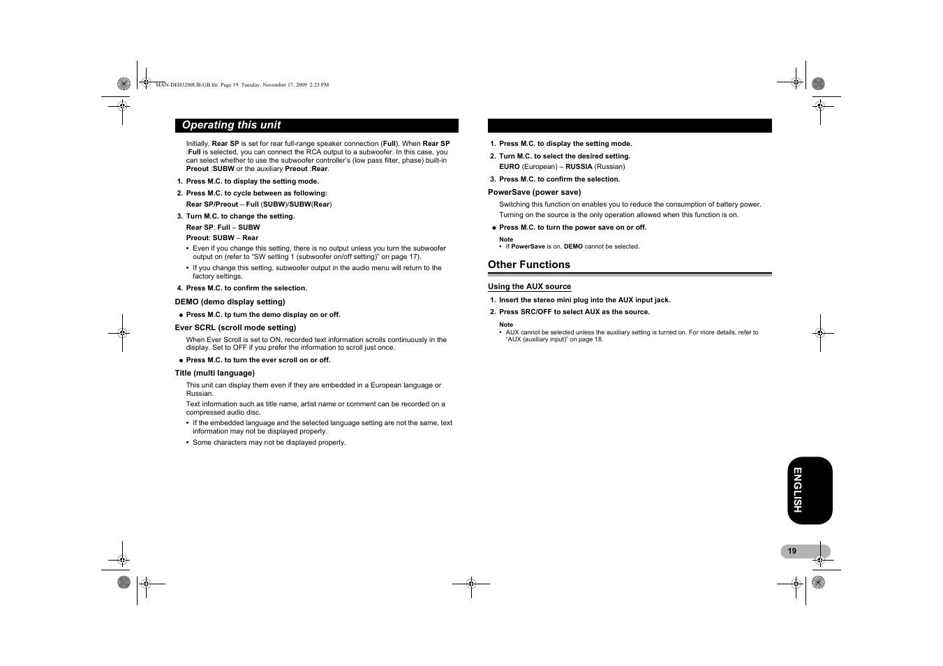 Other functions, Using the aux source, Operating this unit | Pioneer DEH-3200UB User Manual | Page 19 / 28