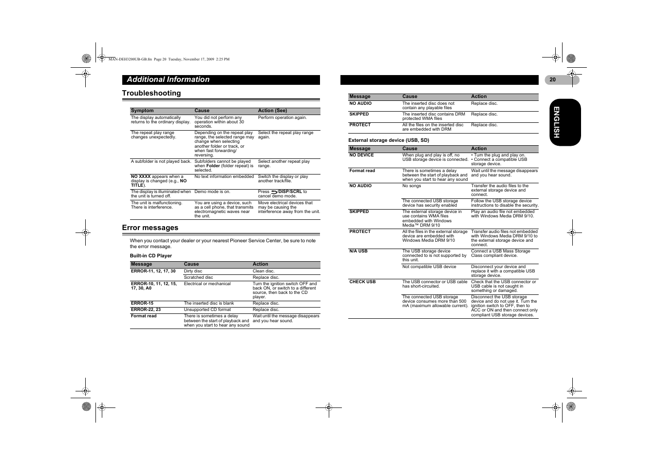 Additional information, Troubleshooting, Error messages | En g l is h, Troubleshooting error messages | Pioneer DEH-3200UB User Manual | Page 20 / 28