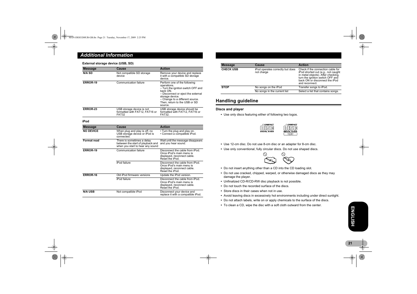 Handling guideline, Additional information, En g l is h | Pioneer DEH-3200UB User Manual | Page 21 / 28
