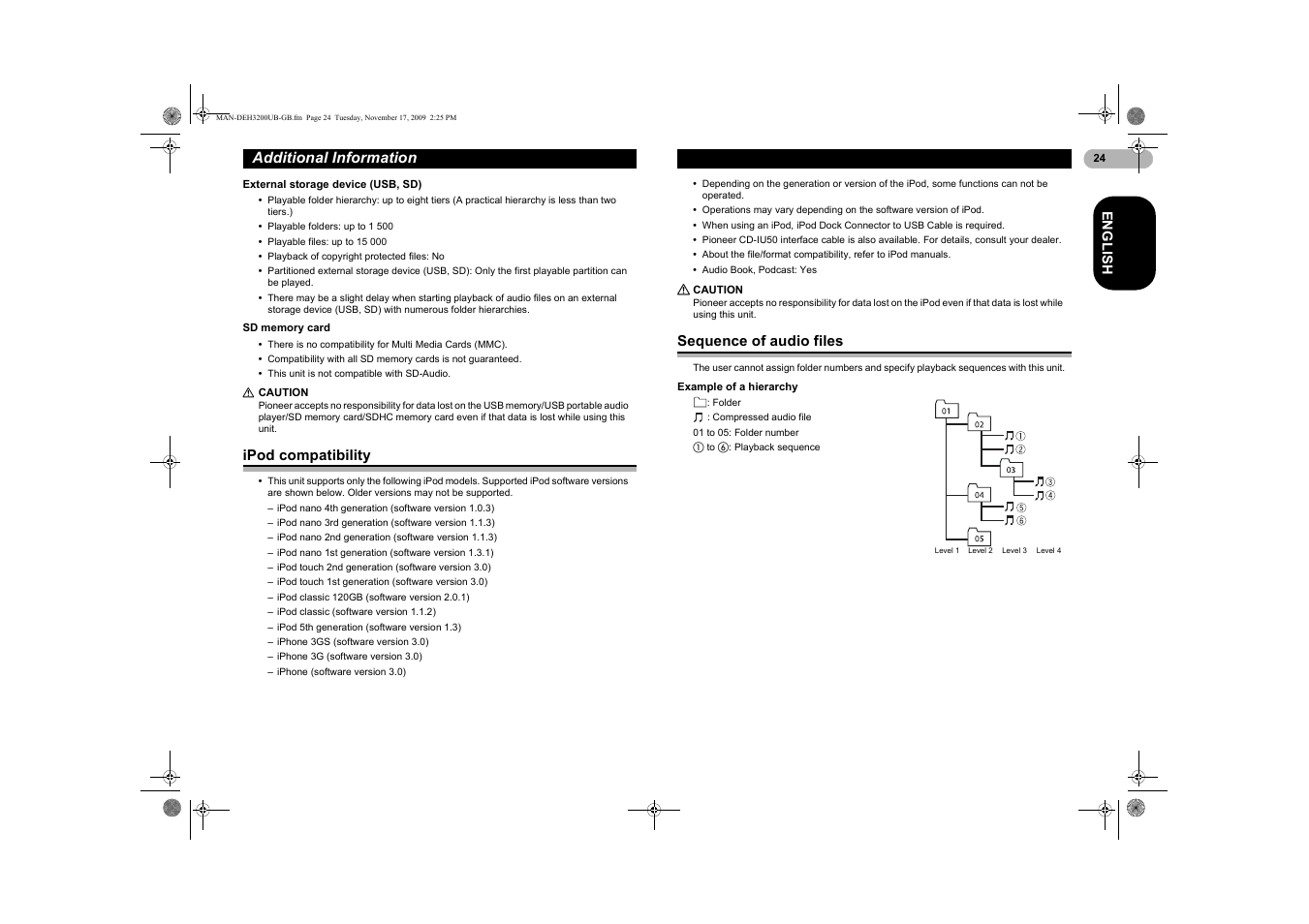 Ipod compatibility, Sequence of audio files | Pioneer DEH-3200UB User Manual | Page 24 / 28