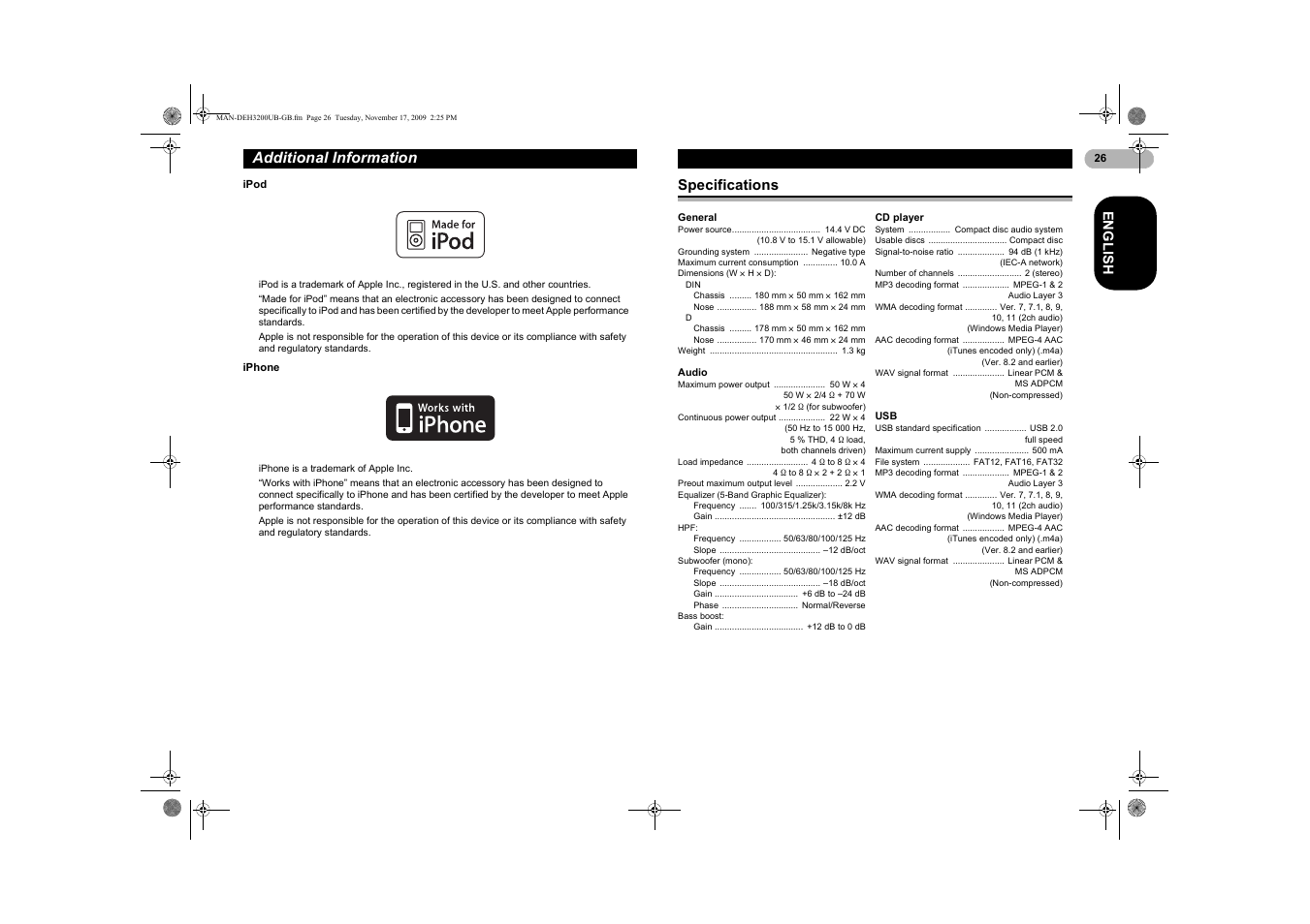 Specifications, Additional information, En g l is h | Pioneer DEH-3200UB User Manual | Page 26 / 28