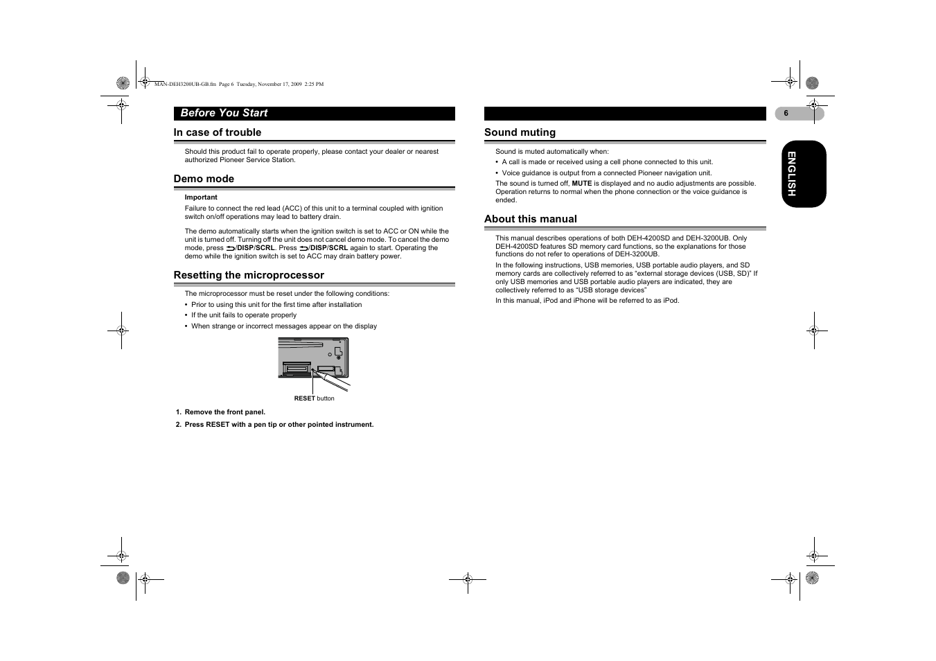 In case of trouble, Demo mode, Resetting the microprocessor | Sound muting, About this manual | Pioneer DEH-3200UB User Manual | Page 6 / 28