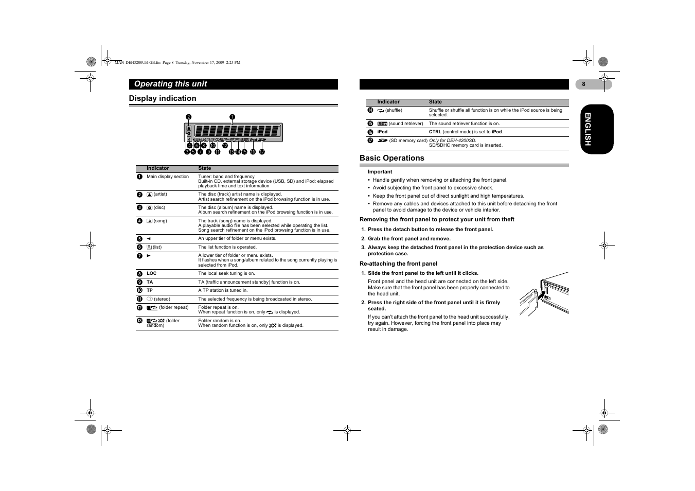 Display indication, Basic operations, Operating this unit | Pioneer DEH-3200UB User Manual | Page 8 / 28