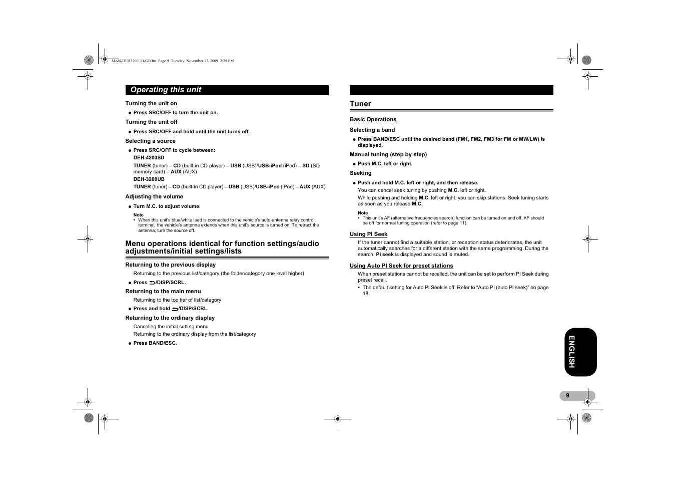 Menu operations identical for function, Settings/audio adjustments, Initial settings/lists | Tuner, Basic operations, Using pi seek, Using auto pi seek for, Preset stations | Pioneer DEH-3200UB User Manual | Page 9 / 28