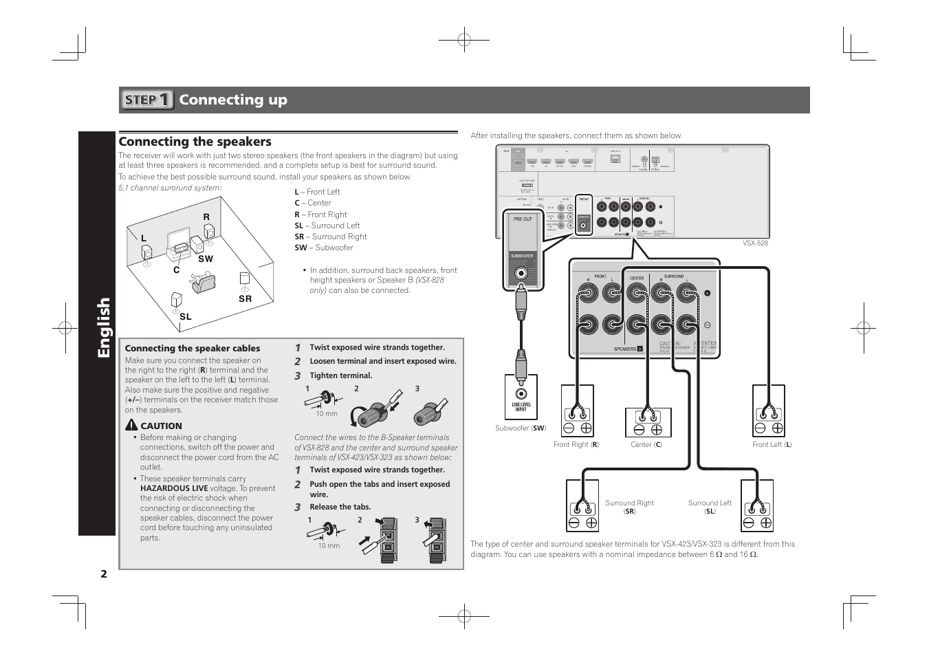 Av receiver, Quick start guide, English | Connecting up, Connecting the speakers | Pioneer VSX-528-S User Manual | Page 2 / 44