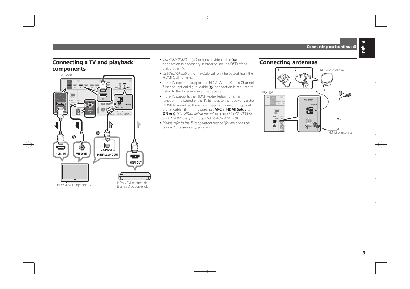 Connecting a tv and playback components, Connecting antennas | Pioneer VSX-528-S User Manual | Page 3 / 44