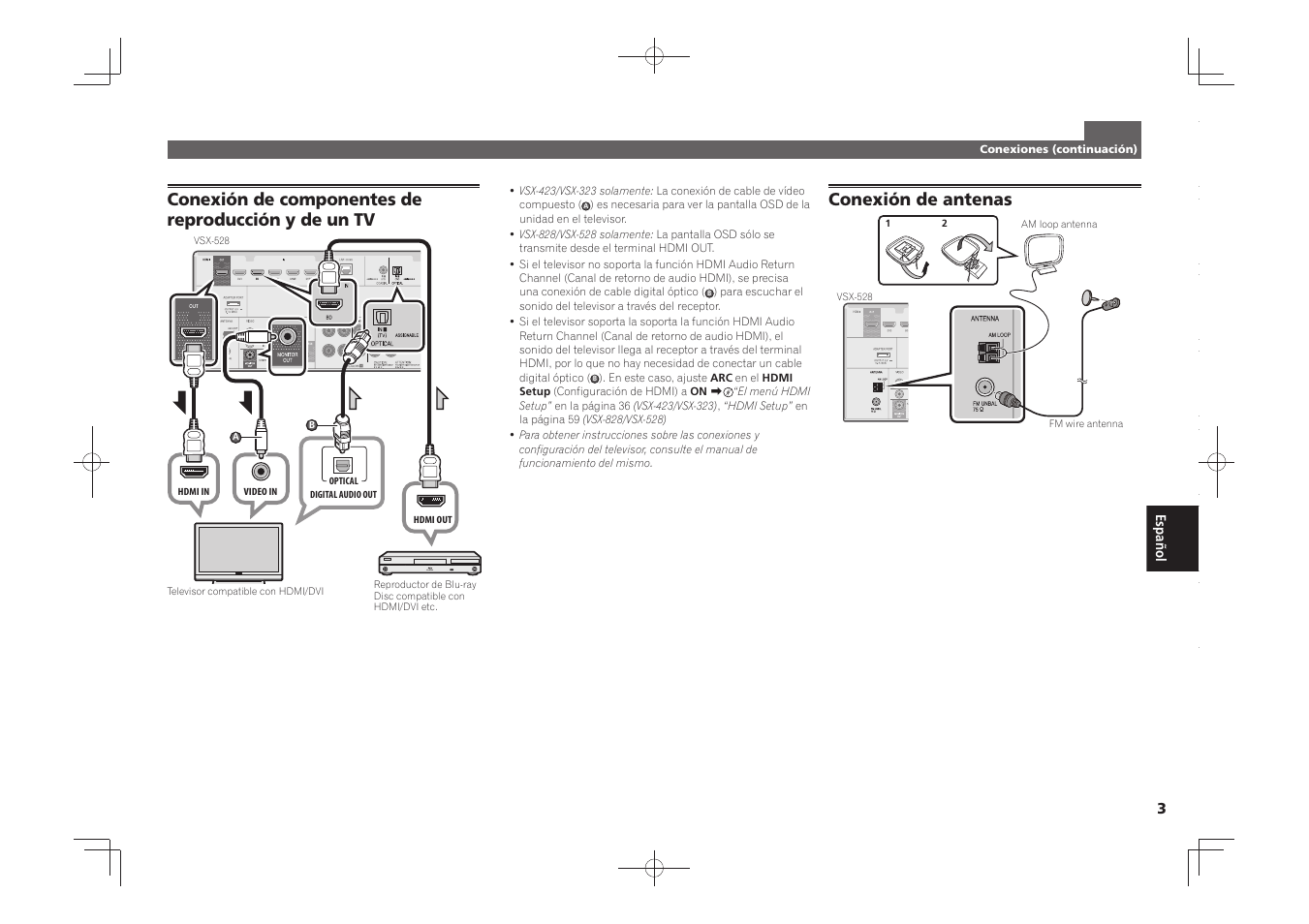 Conexión de componentes de reproducción y de un tv, Conexión de antenas | Pioneer VSX-528-S User Manual | Page 33 / 44