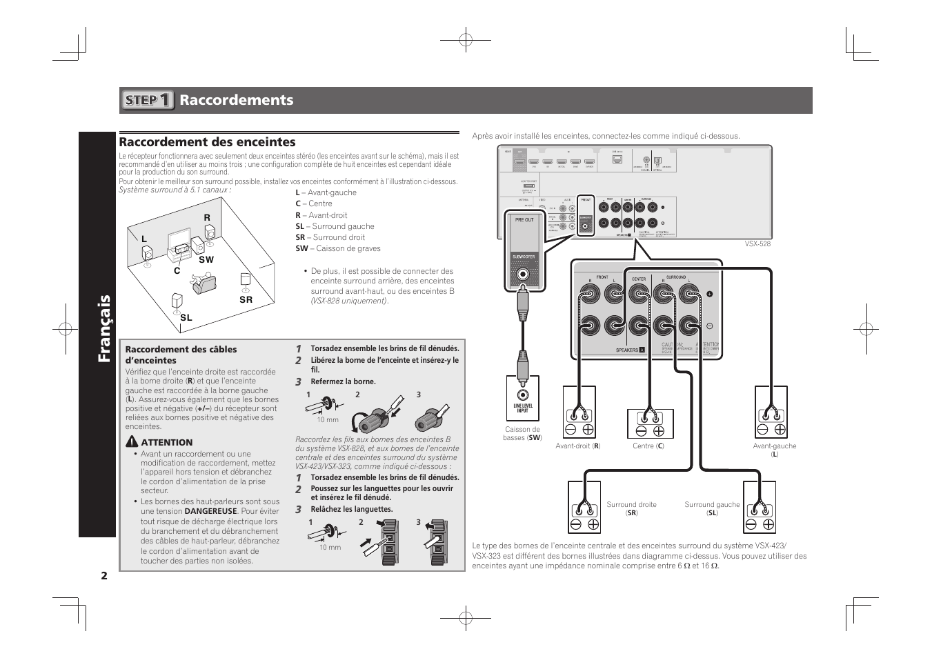 Amplificateur av, Guide rapide, Français | Raccordements, Raccordement des enceintes | Pioneer VSX-528-S User Manual | Page 8 / 44