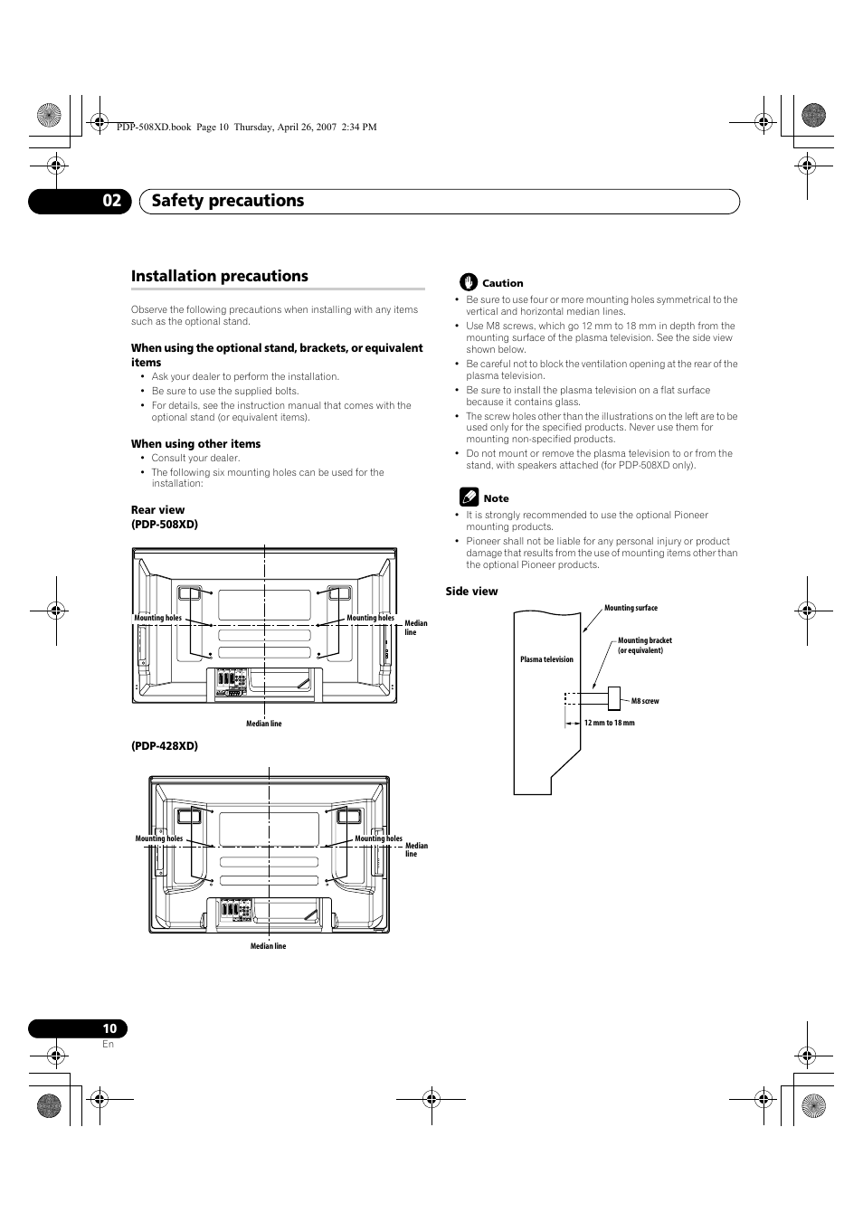 Installation precautions, Safety precautions 02 | Pioneer PDP-428XD User Manual | Page 10 / 260