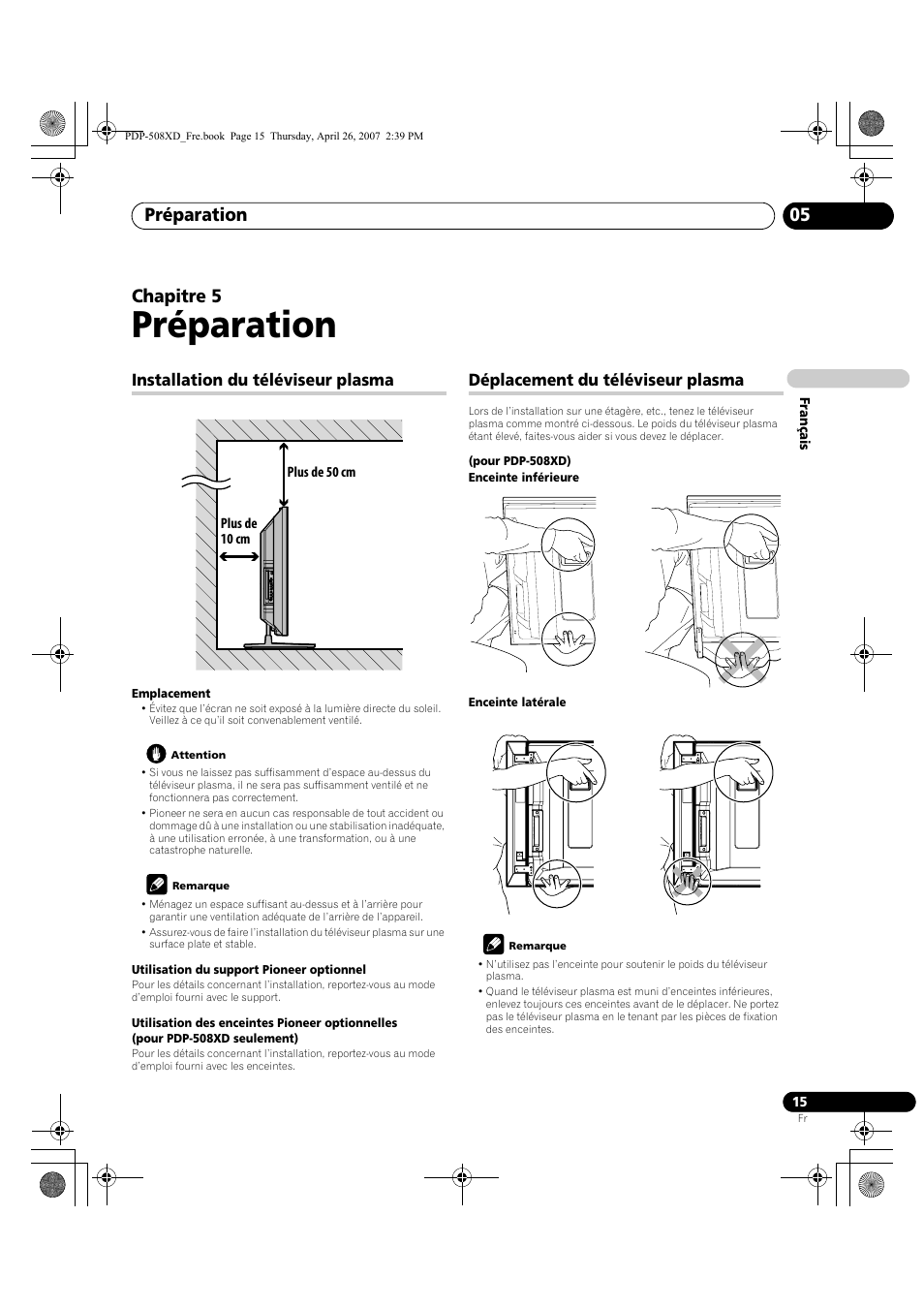 05 préparation, Préparation, Préparation 05 | Chapitre 5, Installation du téléviseur plasma, Déplacement du téléviseur plasma | Pioneer PDP-428XD User Manual | Page 101 / 260