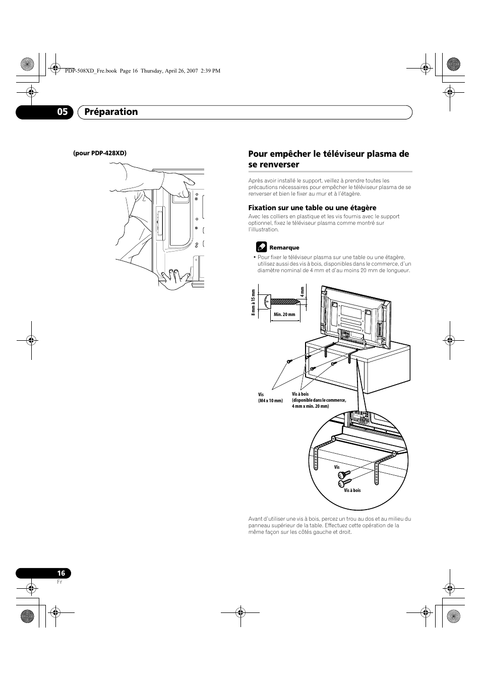 Pour empêcher le téléviseur plasma de se, Renverser, Préparation 05 | Pour empêcher le téléviseur plasma de se renverser | Pioneer PDP-428XD User Manual | Page 102 / 260