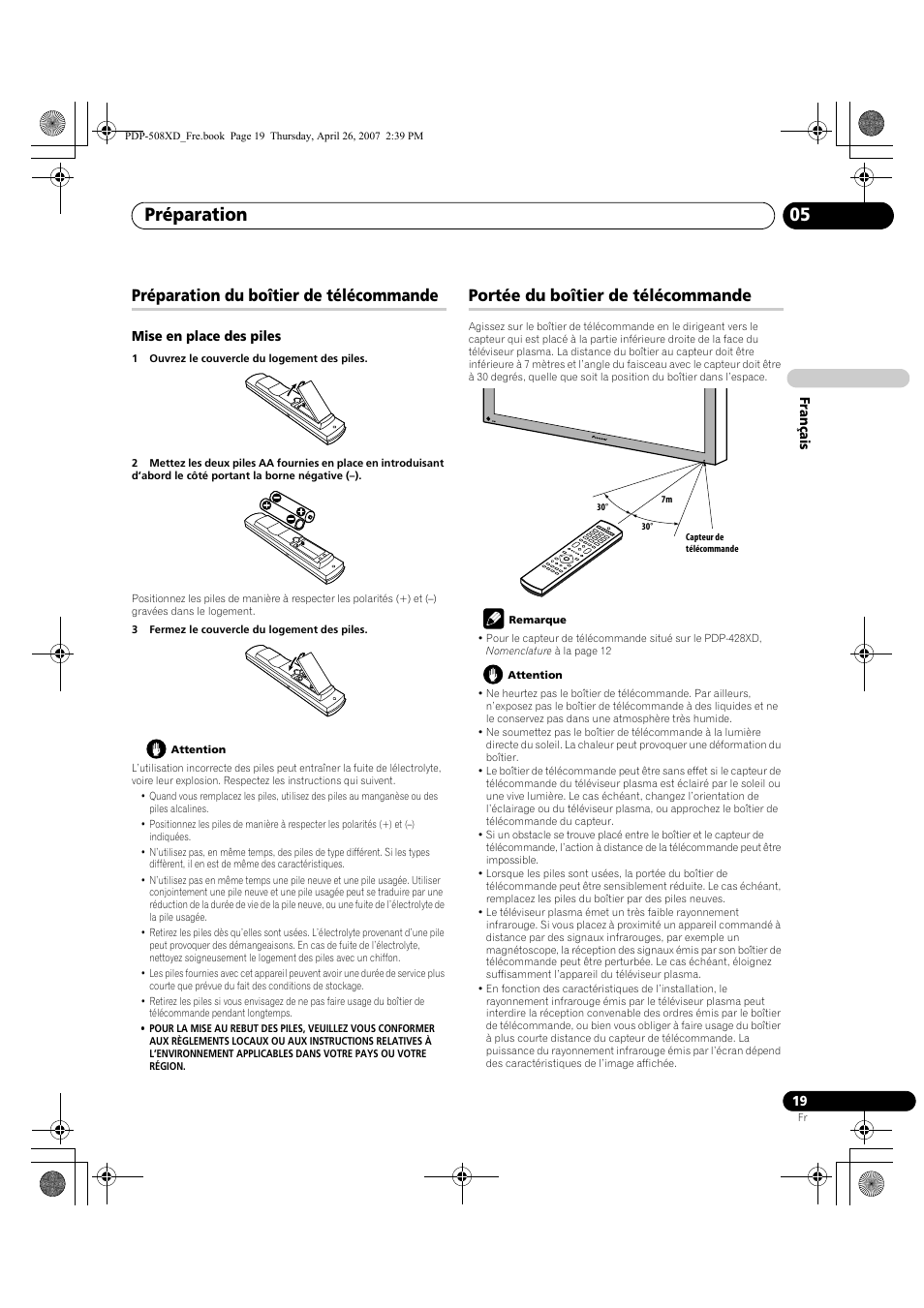 Préparation 05, Préparation du boîtier de télécommande, Portée du boîtier de télécommande | Pioneer PDP-428XD User Manual | Page 105 / 260