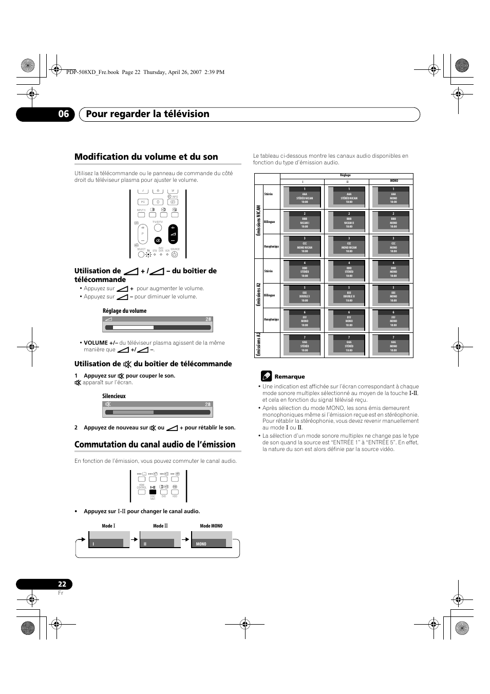 Pour regarder la télévision 06, Modification du volume et du son, Commutation du canal audio de l’émission | Utilisation de e du boîtier de télécommande, Réglage du volume silencieux | Pioneer PDP-428XD User Manual | Page 108 / 260