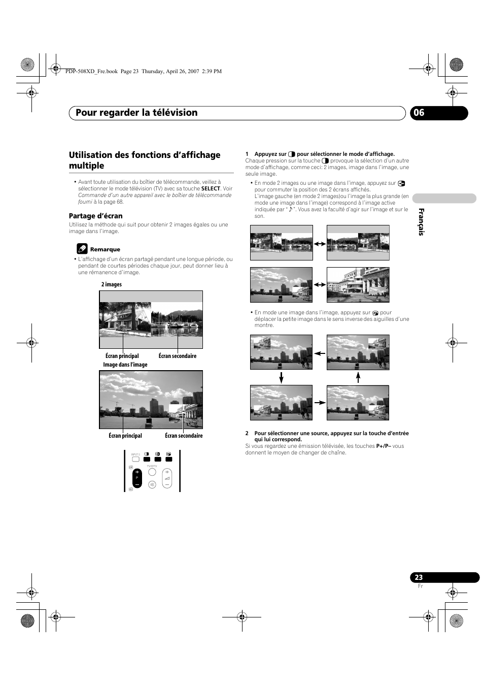 Utilisation des fonctions d’affichage multiple, Pour regarder la télévision 06 | Pioneer PDP-428XD User Manual | Page 109 / 260