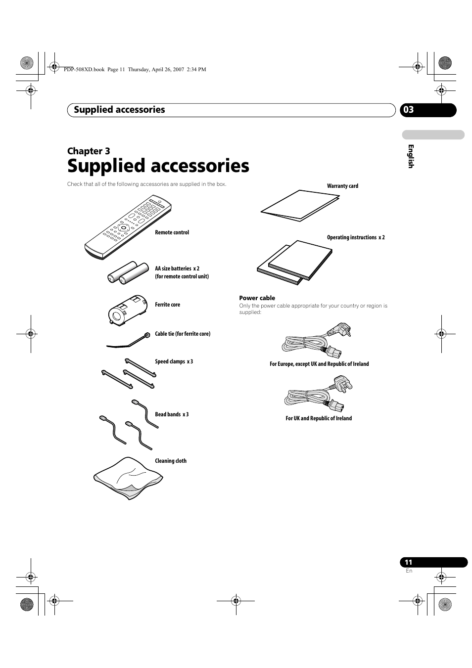 03 supplied accessories, Supplied accessories, Supplied accessories 03 | Chapter 3 | Pioneer PDP-428XD User Manual | Page 11 / 260