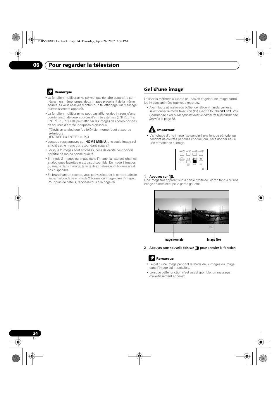 Gel d’une image, Pour regarder la télévision 06 | Pioneer PDP-428XD User Manual | Page 110 / 260