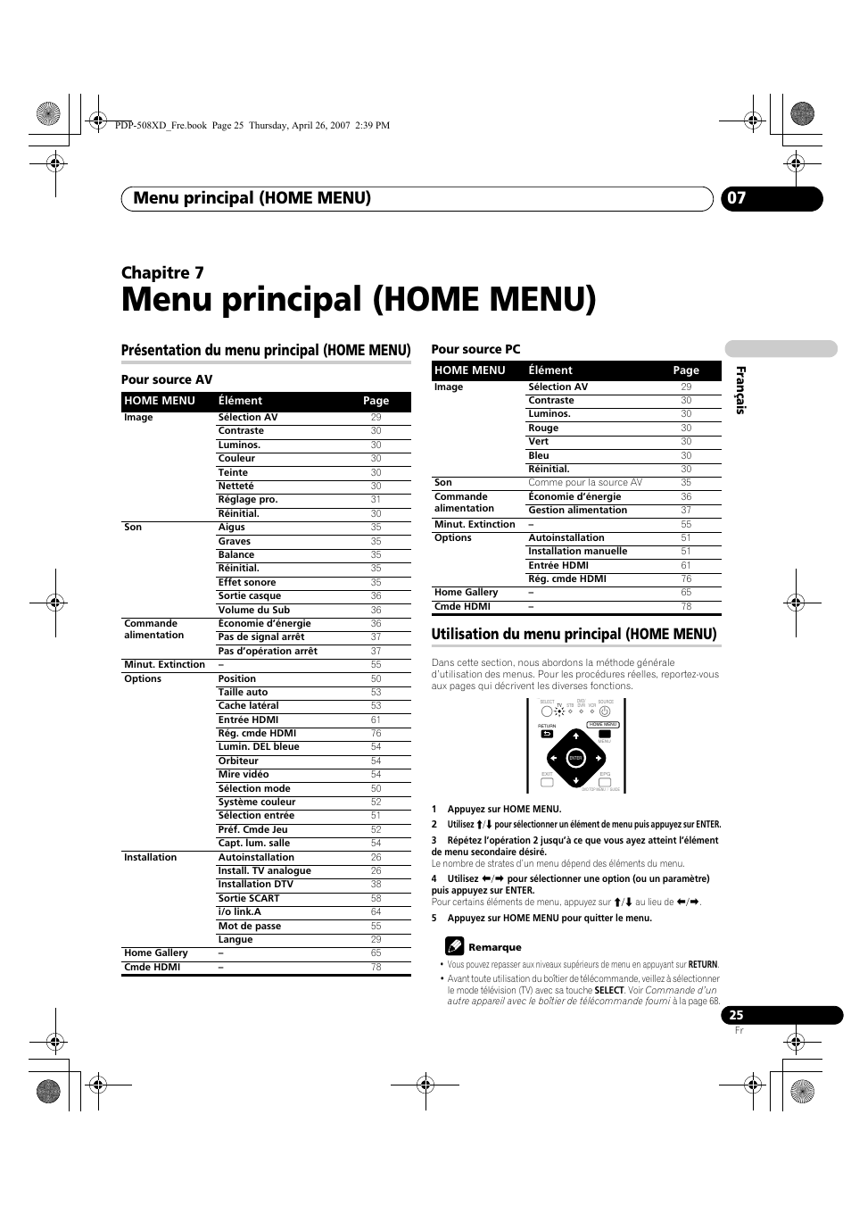 07 menu principal (home menu), Menu principal (home menu), Menu principal (home menu) 07 | Chapitre 7, Présentation du menu principal (home menu), Utilisation du menu principal (home menu) | Pioneer PDP-428XD User Manual | Page 111 / 260