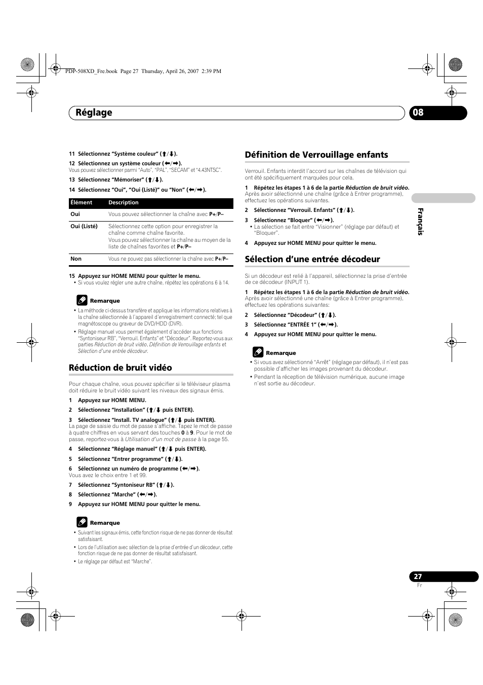 Réglage 08, Réduction de bruit vidéo, Définition de verrouillage enfants | Sélection d’une entrée décodeur | Pioneer PDP-428XD User Manual | Page 113 / 260