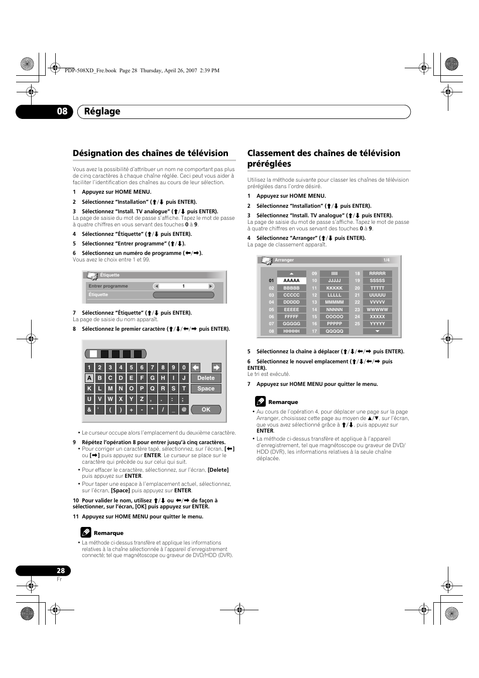 Réglage 08, Désignation des chaînes de télévision, Classement des chaînes de télévision préréglées | Pioneer PDP-428XD User Manual | Page 114 / 260