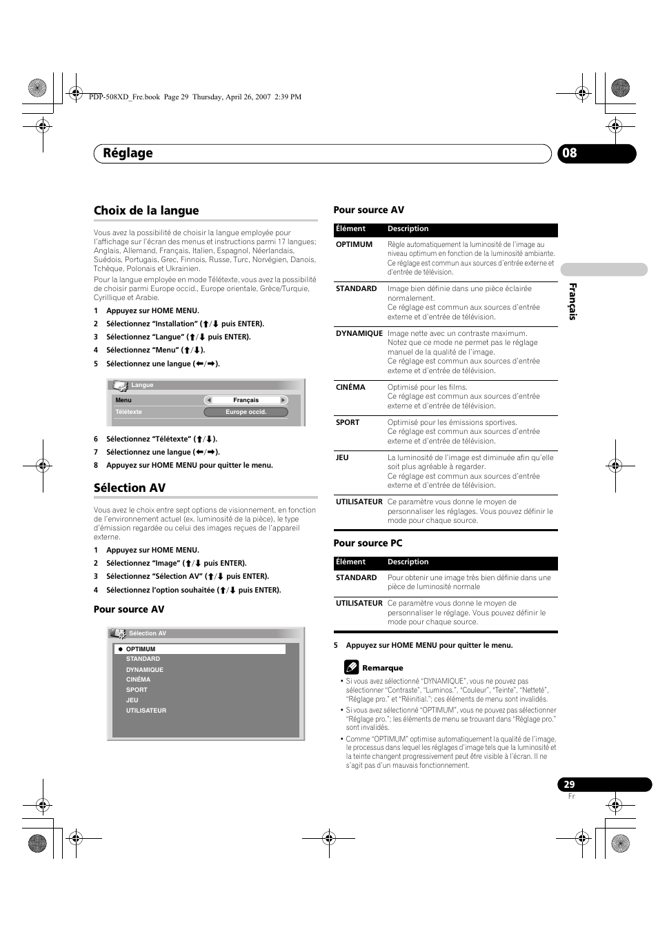 Choix de la langue sélection av, Réglage 08, Choix de la langue | Sélection av | Pioneer PDP-428XD User Manual | Page 115 / 260