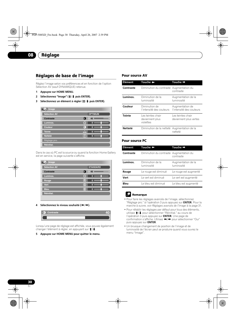 Réglages de base de l’image, Réglage 08, Pour source av pour source pc | Pioneer PDP-428XD User Manual | Page 116 / 260