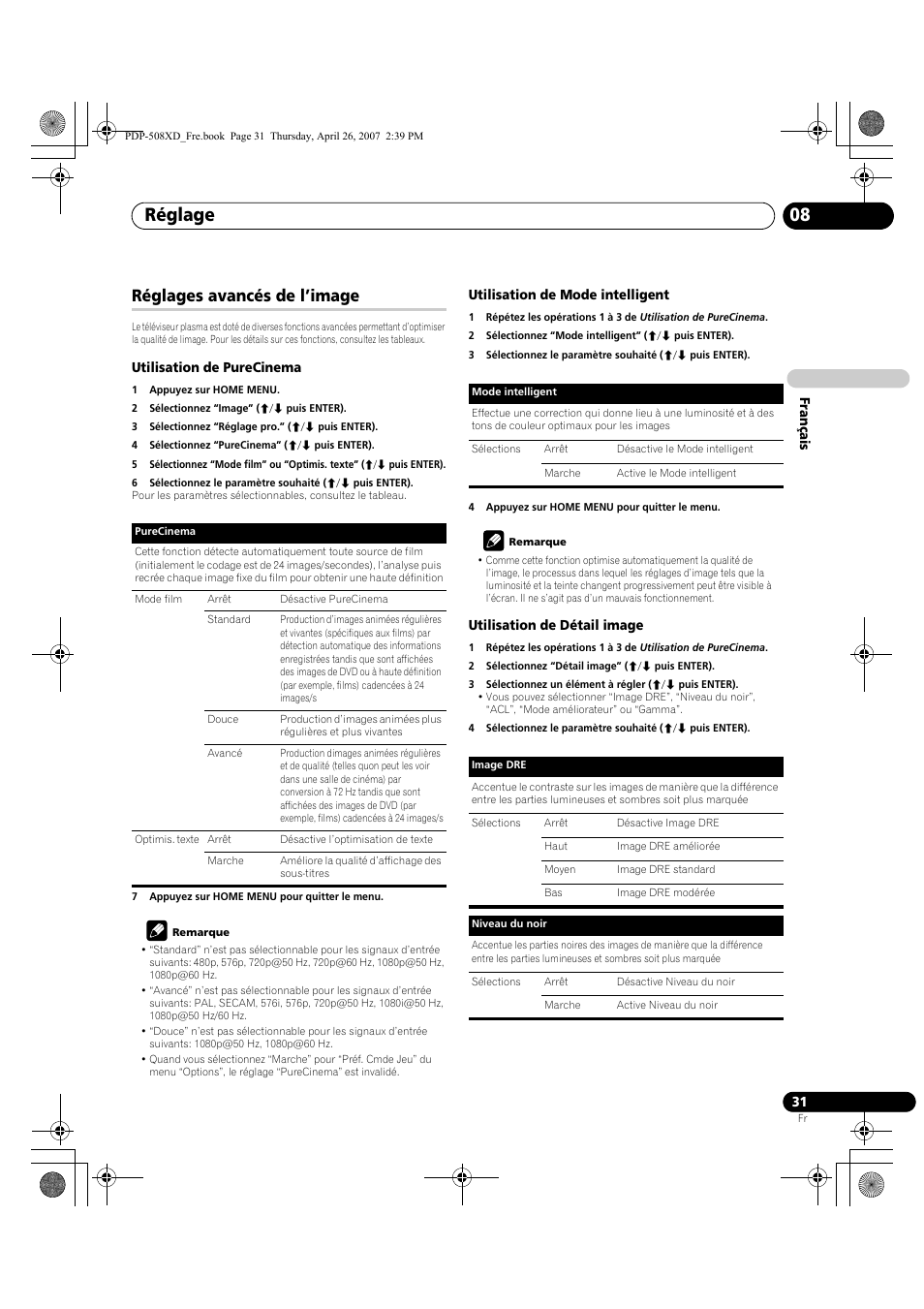 Réglages avancés de l’image, Réglage 08 | Pioneer PDP-428XD User Manual | Page 117 / 260