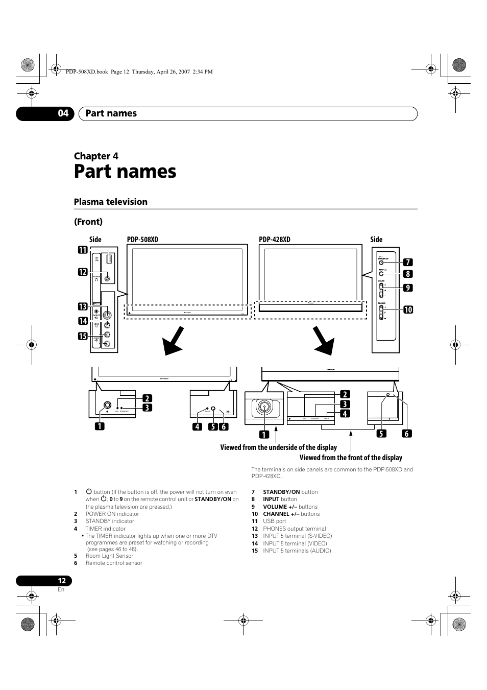 04 part names, Plasma television, Part names | Part names 04, Chapter 4 | Pioneer PDP-428XD User Manual | Page 12 / 260