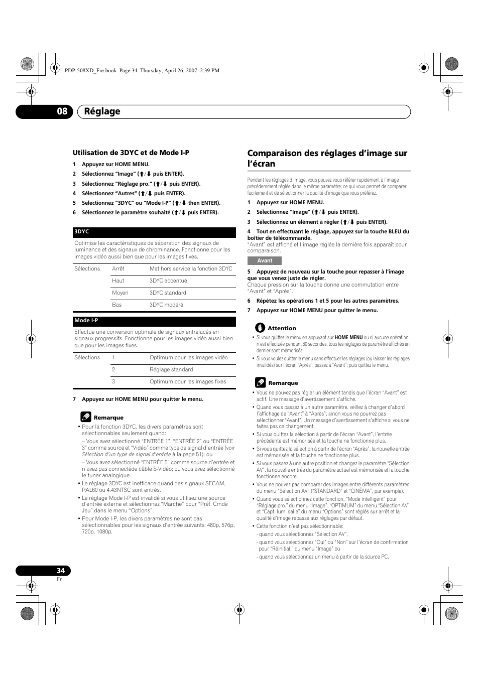 Comparaison des réglages d’image sur l’écran, Réglage 08 | Pioneer PDP-428XD User Manual | Page 120 / 260
