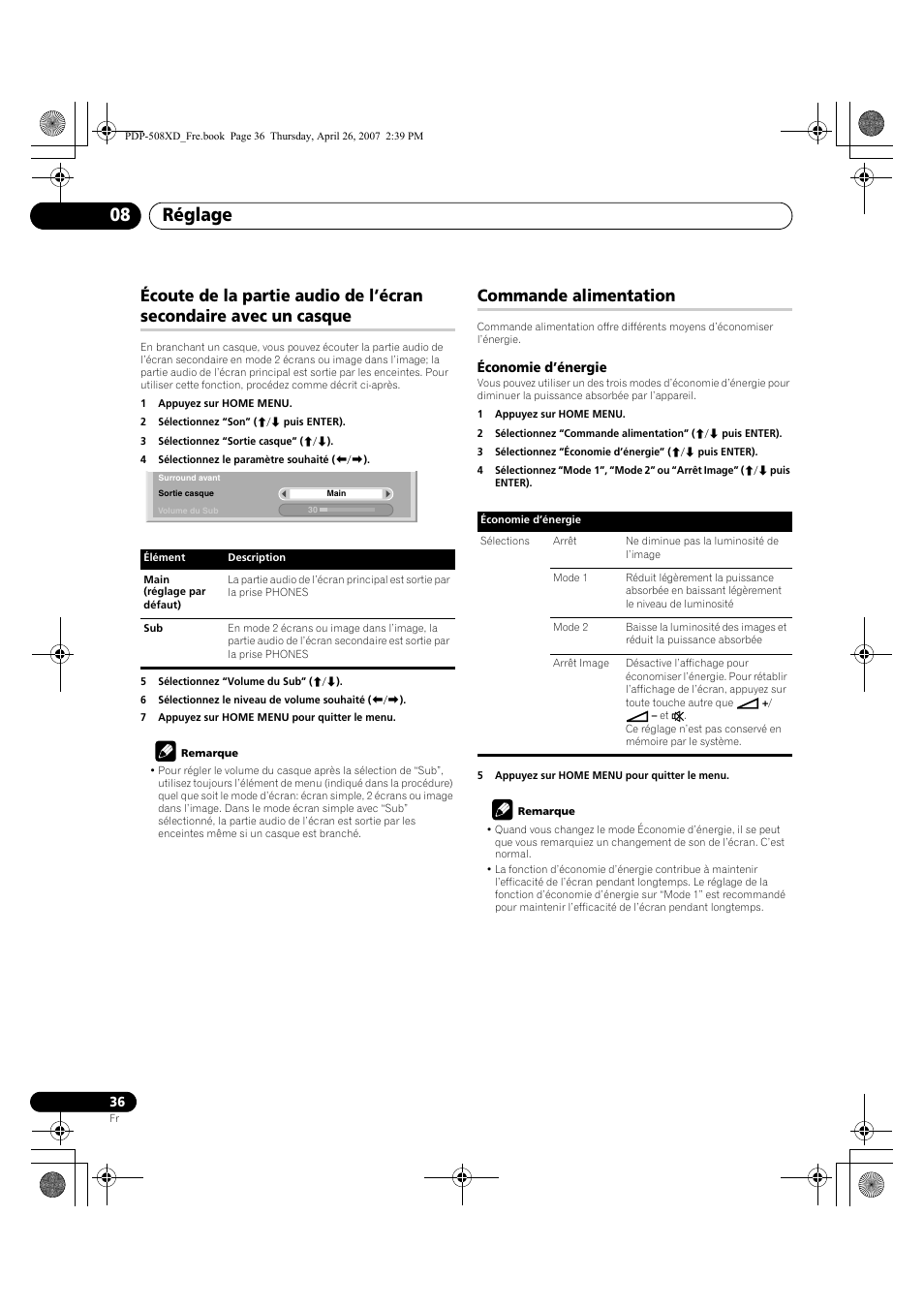 Casque, Commande alimentation, Réglage 08 | Pioneer PDP-428XD User Manual | Page 122 / 260
