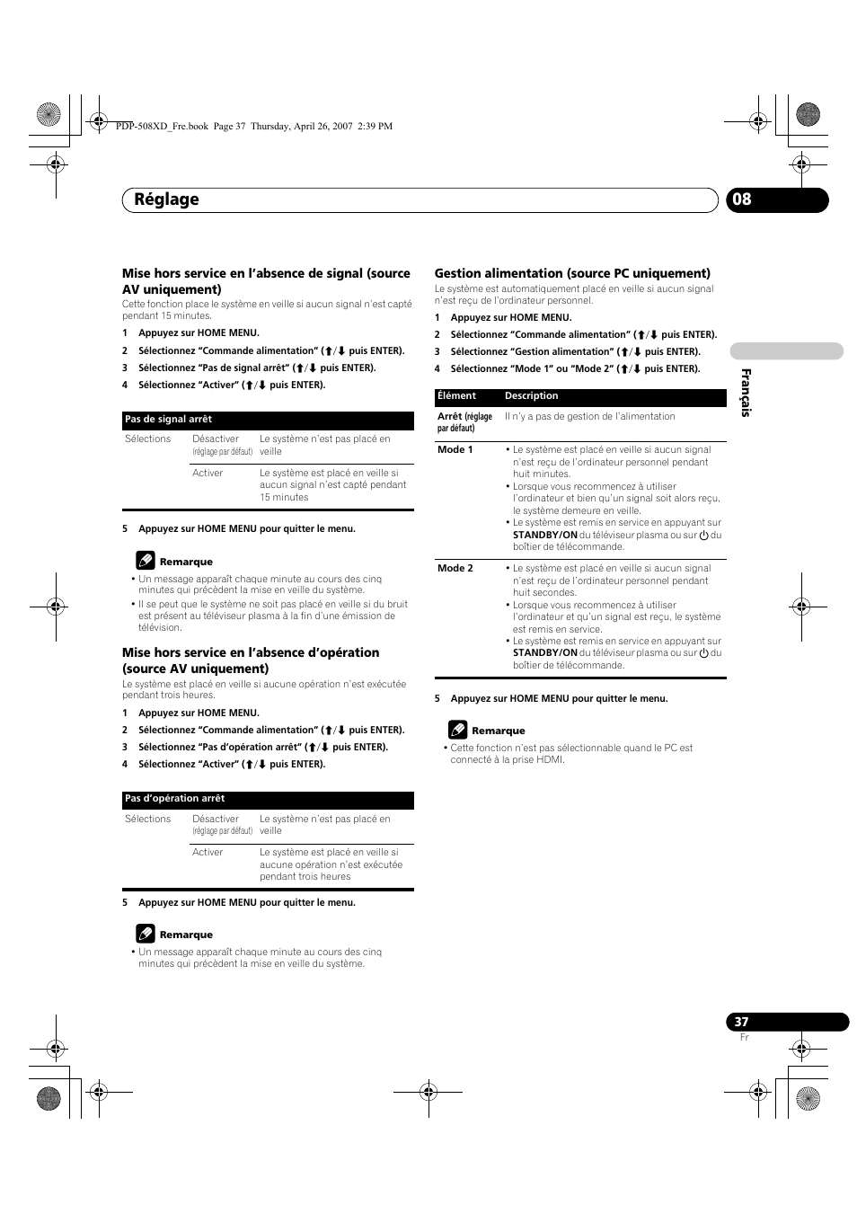 Réglage 08 | Pioneer PDP-428XD User Manual | Page 123 / 260