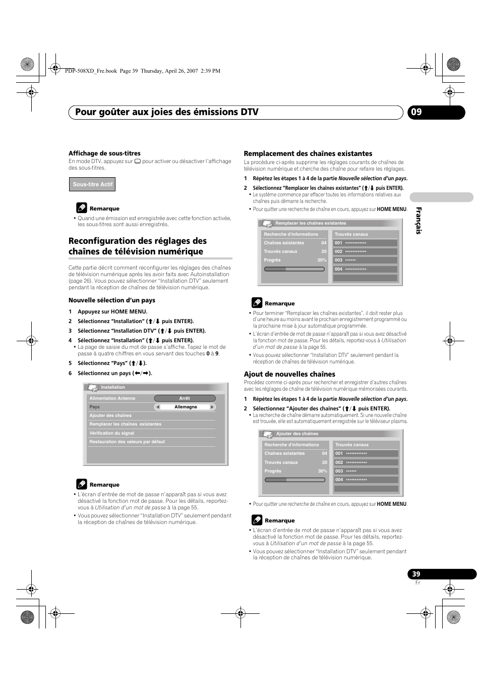 Reconfiguration des réglages des chaînes de, Télévision numérique, Pour goûter aux joies des émissions dtv 09 | Français, Remplacement des chaînes existantes, Ajout de nouvelles chaînes | Pioneer PDP-428XD User Manual | Page 125 / 260