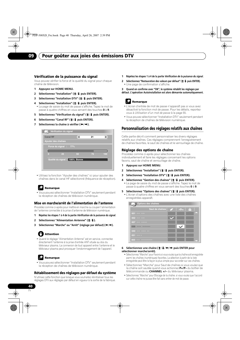 Personnalisation des réglages relatifs aux, Chaînes, Pour goûter aux joies des émissions dtv 09 | Personnalisation des réglages relatifs aux chaînes | Pioneer PDP-428XD User Manual | Page 126 / 260