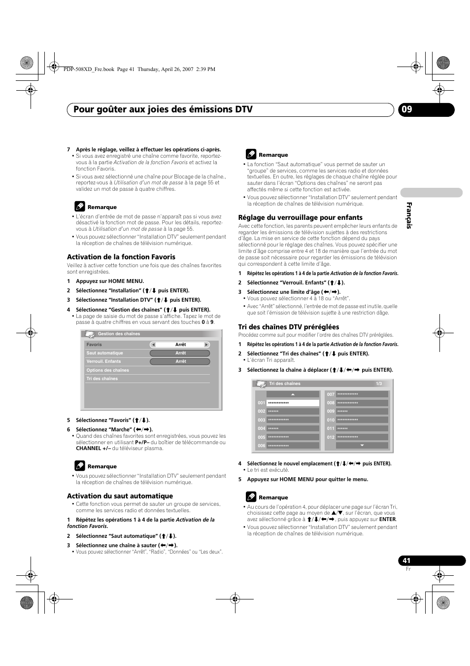 Pour goûter aux joies des émissions dtv 09, Français, Activation de la fonction favoris | Activation du saut automatique, Réglage du verrouillage pour enfants, Tri des chaînes dtv préréglées | Pioneer PDP-428XD User Manual | Page 127 / 260