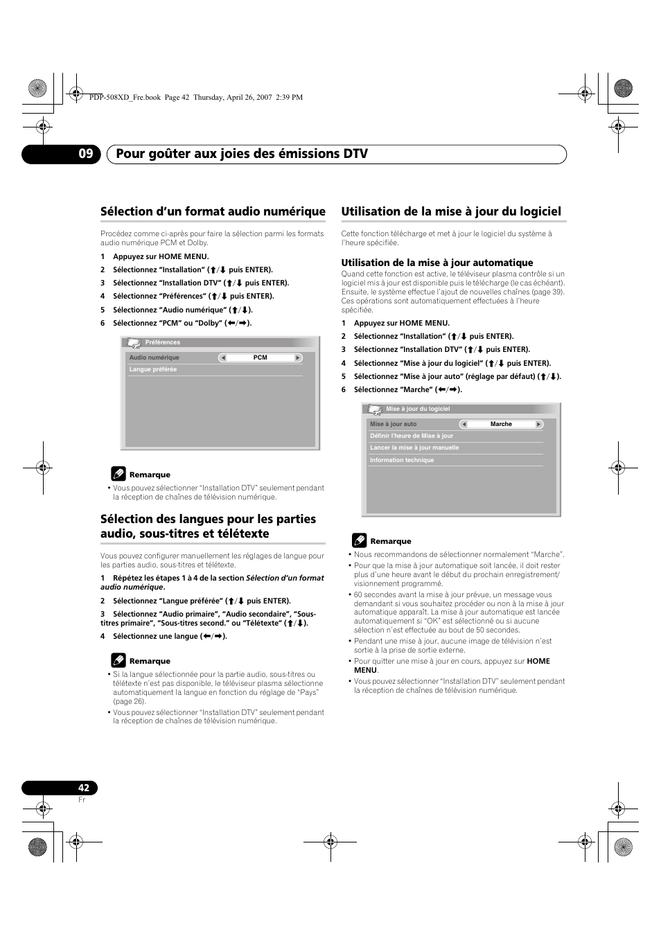 Sous-titres et télétexte, Utilisation de la mise à jour du logiciel, Pour goûter aux joies des émissions dtv 09 | Sélection d’un format audio numérique | Pioneer PDP-428XD User Manual | Page 128 / 260