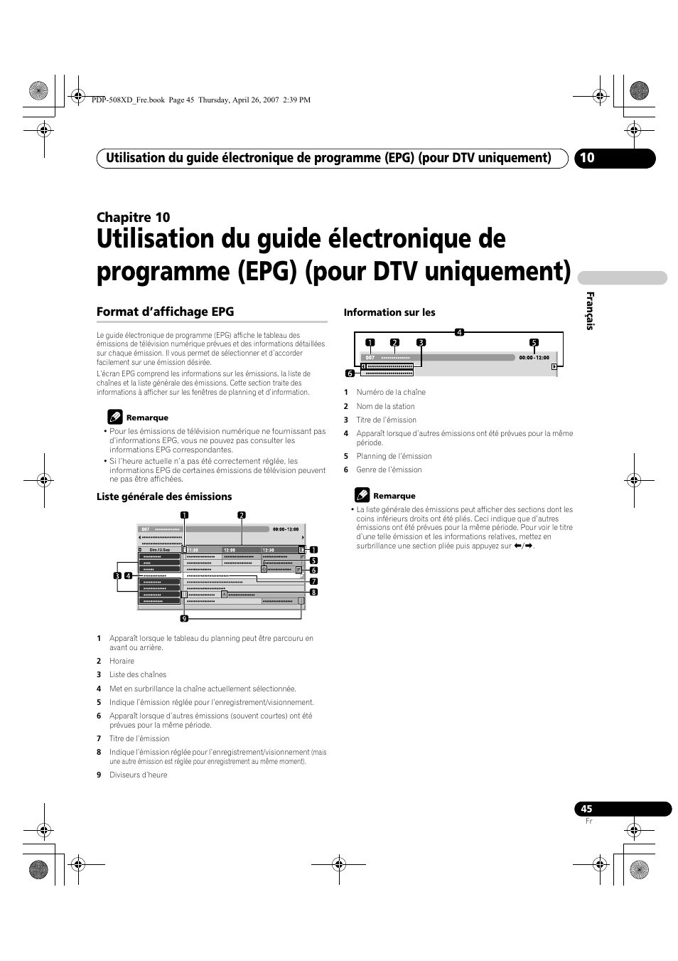 10 utilisation du guide électronique de, Programme (epg) (pour dtv uniquement), Format d’affichage epg | Chapitre 10 | Pioneer PDP-428XD User Manual | Page 131 / 260