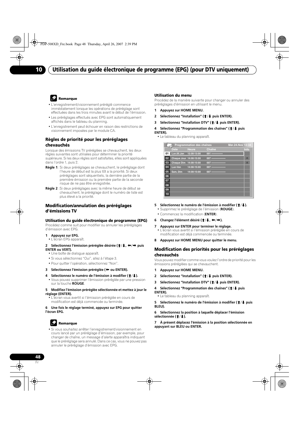 Règles de priorité pour les préréglages chevauchés | Pioneer PDP-428XD User Manual | Page 134 / 260