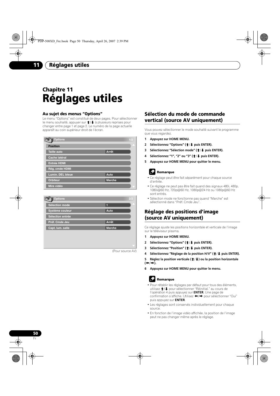 11 réglages utiles, Sélection du mode de commande vertical, Source av uniquement) | Réglage des positions d’image, Réglages utiles, Réglages utiles 11, Chapitre 11 | Pioneer PDP-428XD User Manual | Page 136 / 260