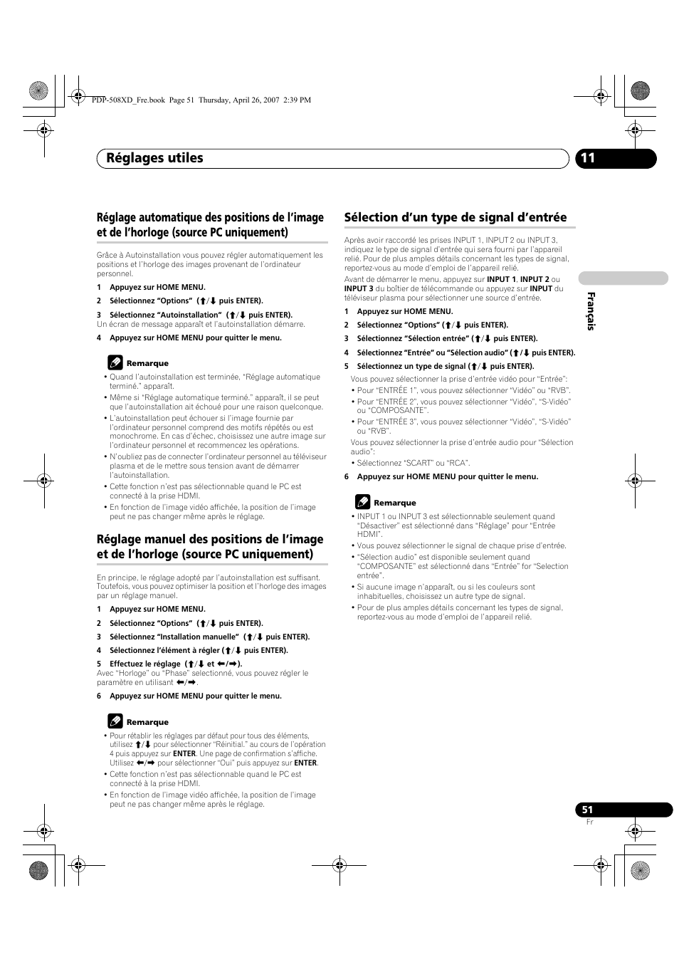 Réglage automatique des positions de l’image et de, L’horloge (source pc uniquement), Réglage manuel des positions de l’image et de | Sélection d’un type de signal d’entrée, Réglages utiles 11 | Pioneer PDP-428XD User Manual | Page 137 / 260