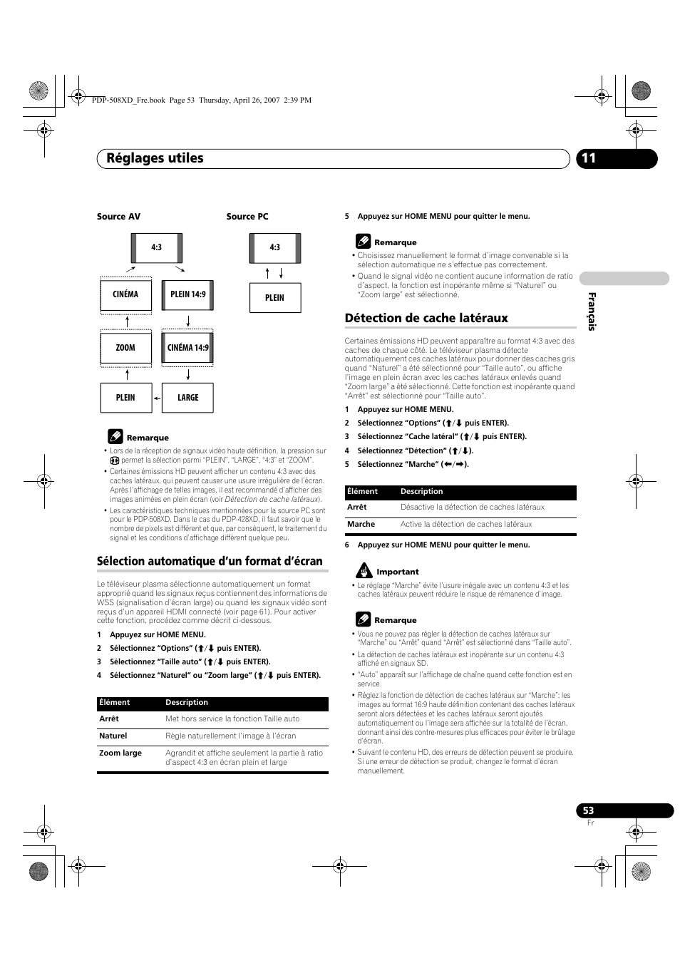 Réglages utiles 11, Sélection automatique d’un format d’écran, Détection de cache latéraux | Pioneer PDP-428XD User Manual | Page 139 / 260