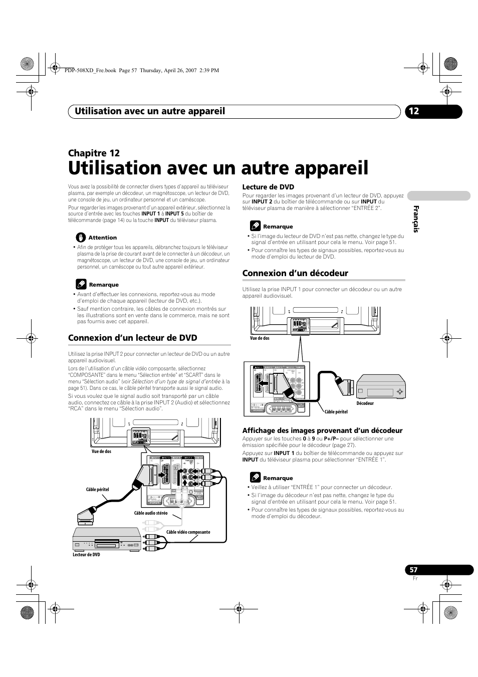 12 utilisation avec un autre appareil, Utilisation avec un autre appareil, Utilisation avec un autre appareil 12 | Chapitre 12, Connexion d’un lecteur de dvd, Connexion d’un décodeur | Pioneer PDP-428XD User Manual | Page 143 / 260