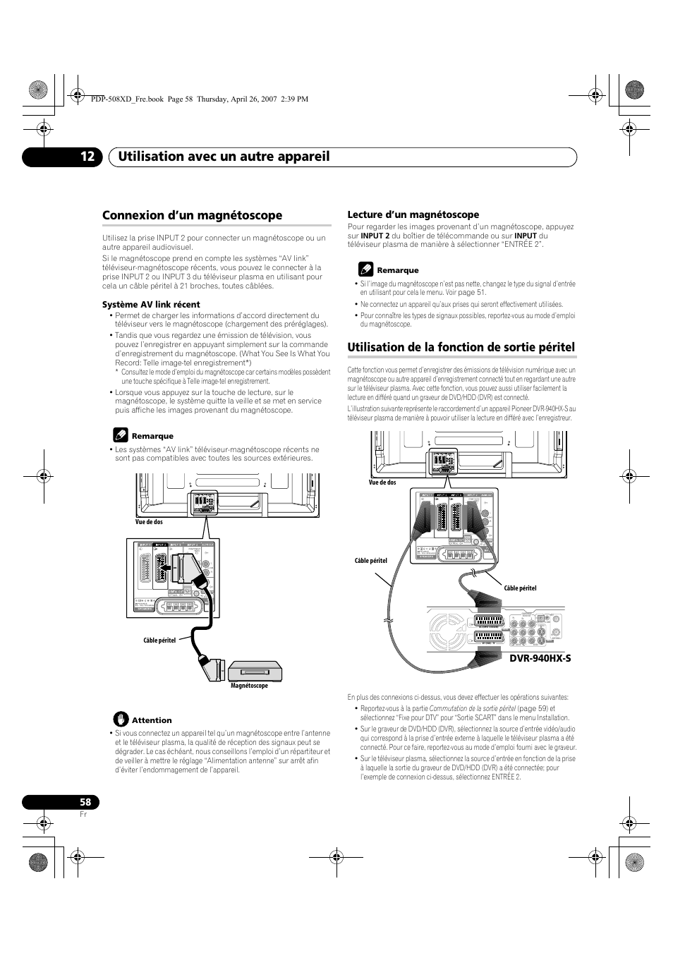 Utilisation avec un autre appareil 12, Connexion d’un magnétoscope, Utilisation de la fonction de sortie péritel | Lecture d’un magnétoscope, Dvr-940hx-s | Pioneer PDP-428XD User Manual | Page 144 / 260