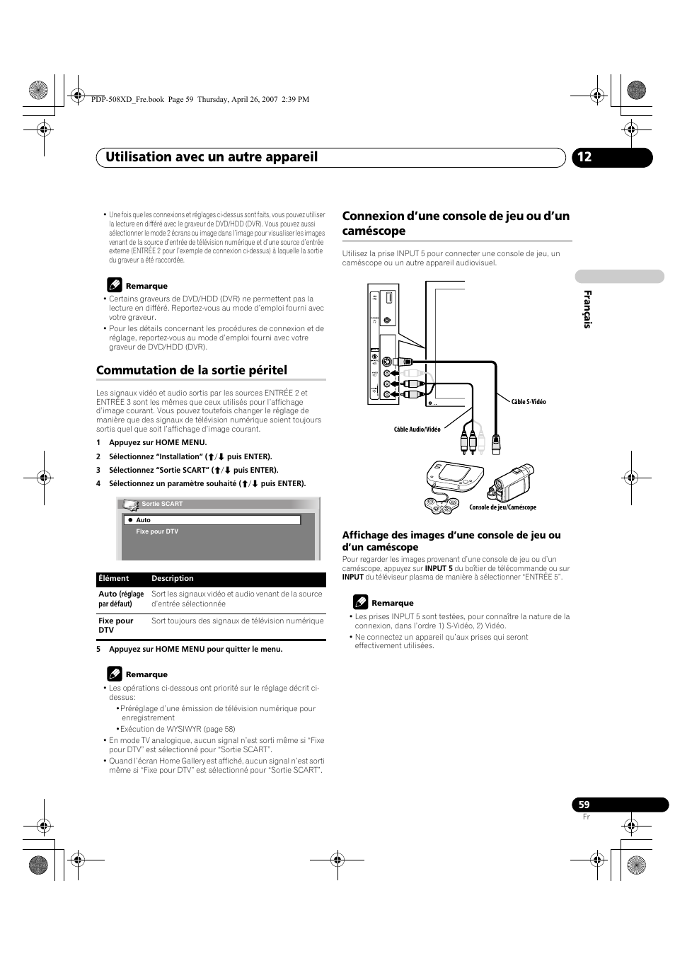 Caméscope, Utilisation avec un autre appareil 12, Commutation de la sortie péritel | Connexion d’une console de jeu ou d’un caméscope | Pioneer PDP-428XD User Manual | Page 145 / 260