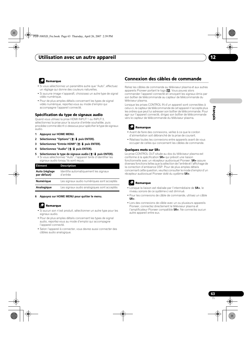 Connexion des câbles de commande, Utilisation avec un autre appareil 12 | Pioneer PDP-428XD User Manual | Page 149 / 260