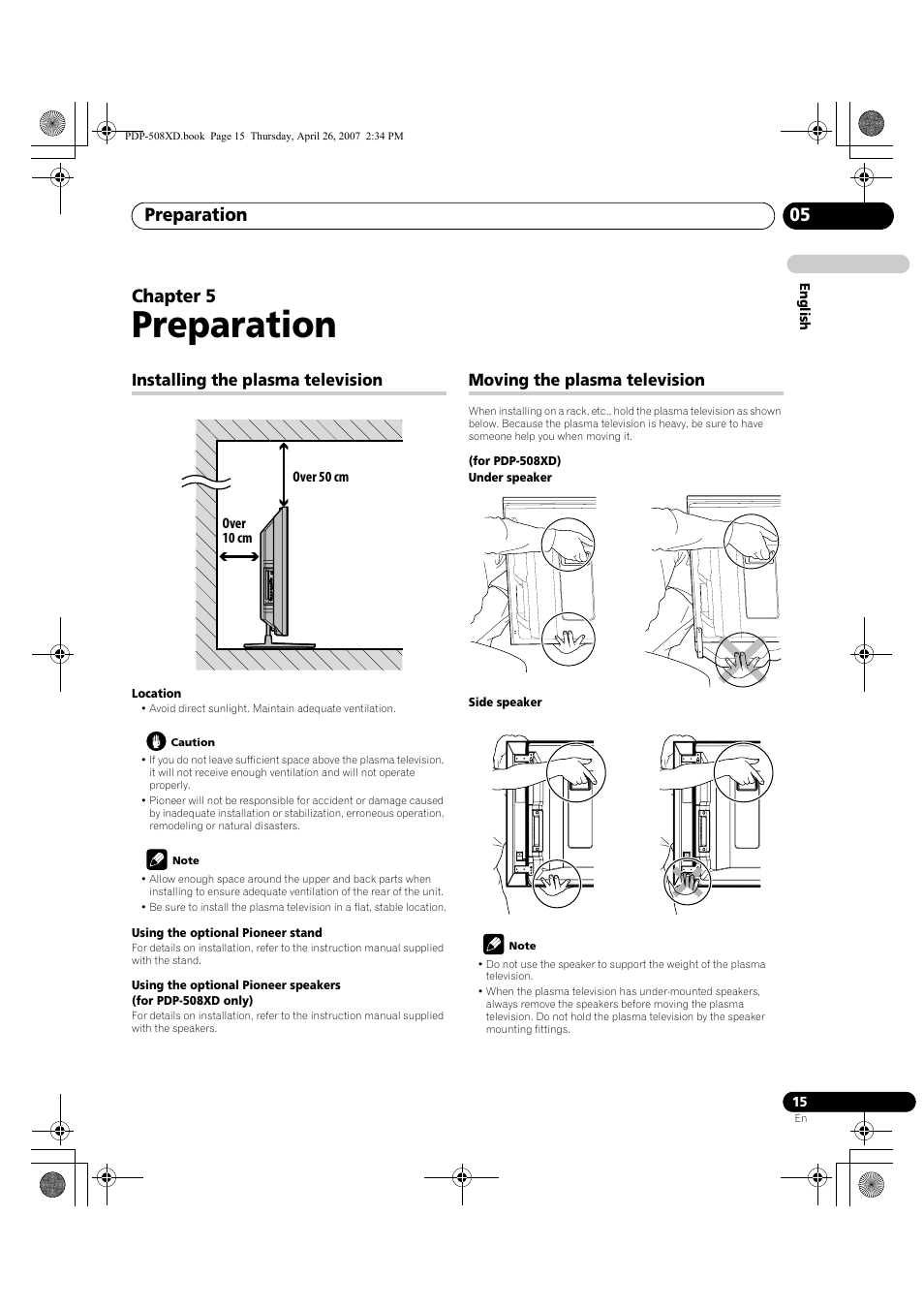 05 preparation, Preparation, Preparation 05 | Chapter 5, Installing the plasma television, Moving the plasma television | Pioneer PDP-428XD User Manual | Page 15 / 260