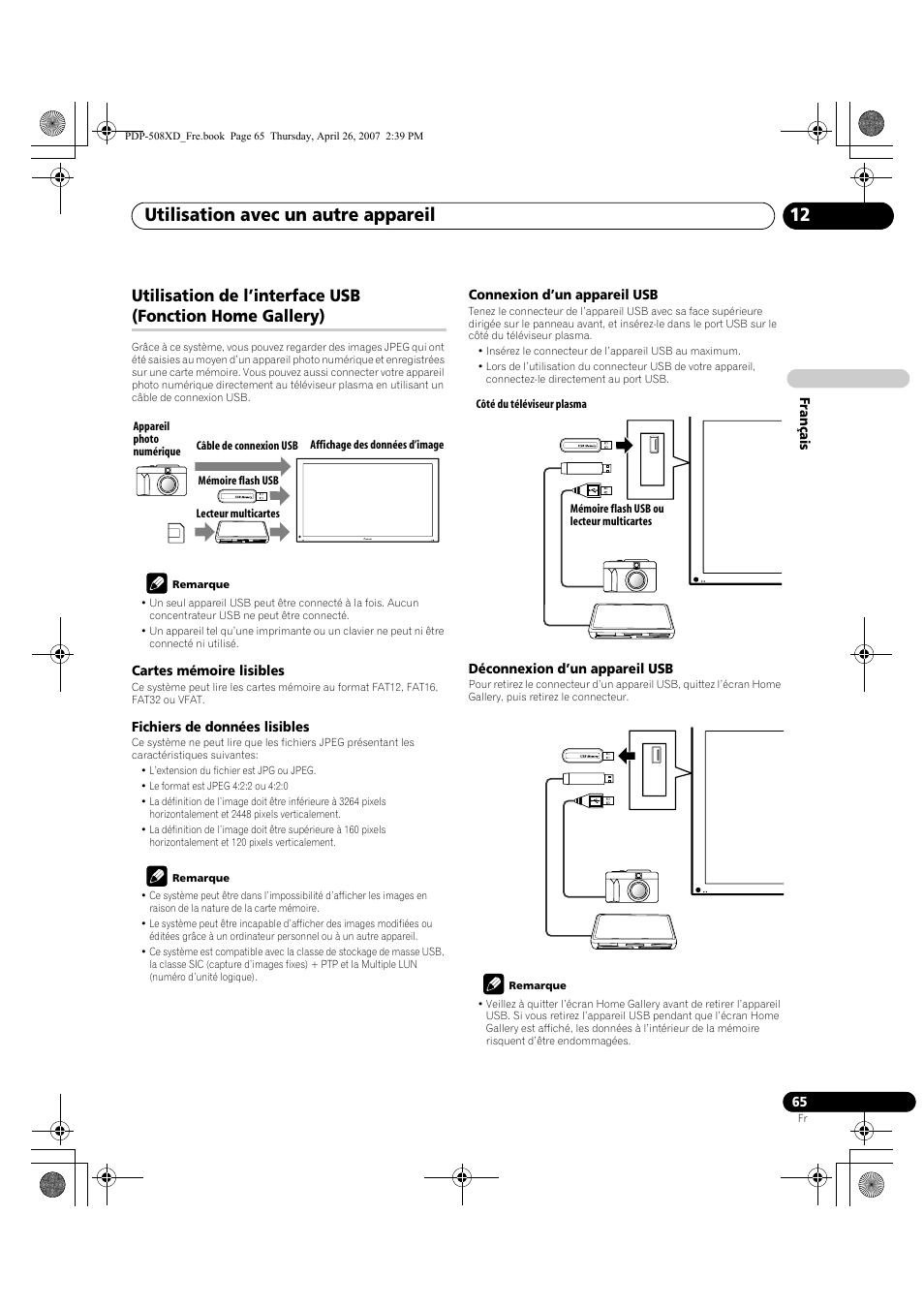 Utilisation de l’interface usb, Fonction home gallery), Utilisation avec un autre appareil 12 | Pioneer PDP-428XD User Manual | Page 151 / 260