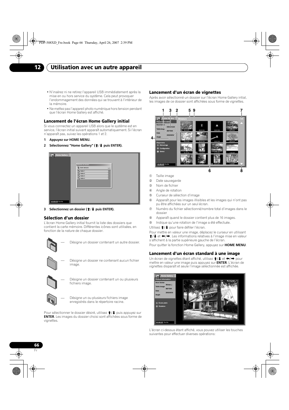 Utilisation avec un autre appareil 12, Lancement de l’écran home gallery initial, Sélection d’un dossier | Lancement d’un écran de vignettes, Lancement d’un écran standard à une image | Pioneer PDP-428XD User Manual | Page 152 / 260