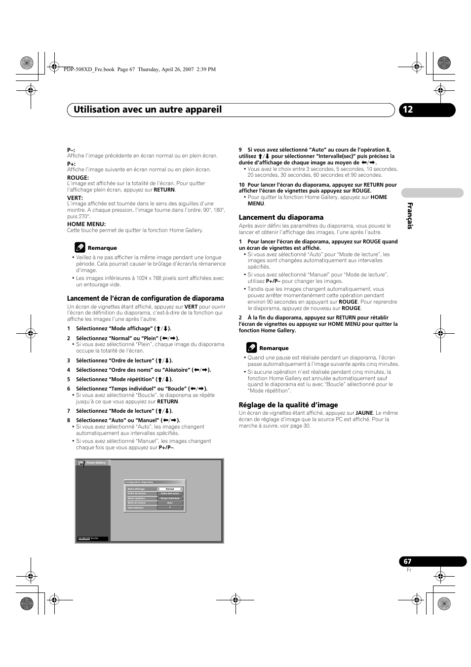 Utilisation avec un autre appareil 12, Français, Lancement de l’écran de configuration de diaporama | Lancement du diaporama, Réglage de la qualité d’image | Pioneer PDP-428XD User Manual | Page 153 / 260