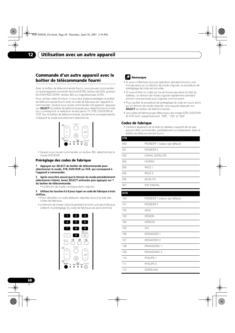 Commande d’un autre appareil avec le boîtier de, Télécommande fourni, Utilisation avec un autre appareil 12 | Pioneer PDP-428XD User Manual | Page 154 / 260