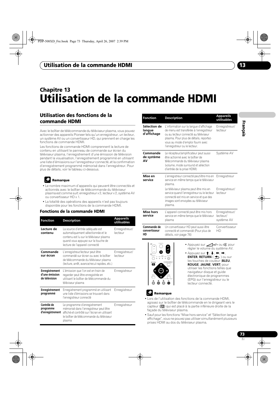 13 utilisation de la commande hdmi, Utilisation des fonctions de la commande hdmi, Utilisation de la commande hdmi | Utilisation de la commande hdmi 13, Chapitre 13, Français, Fonctions de la commande hdmi | Pioneer PDP-428XD User Manual | Page 159 / 260
